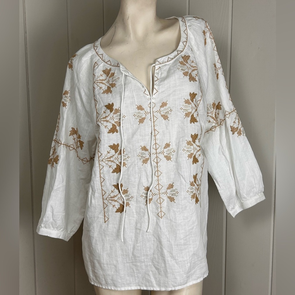 Talbots White Linen Blend Embroidered Tunic Top Boho Peasant Blouse Large - Picture 3 of 10